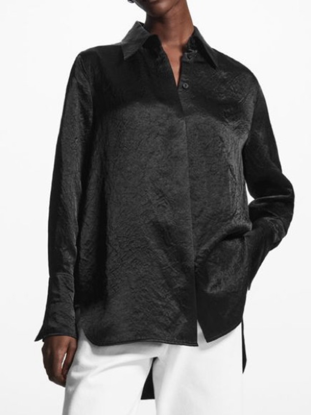 COS Black Crinkled Satin Oversized Button Down Shirt EU 34 US Size 2